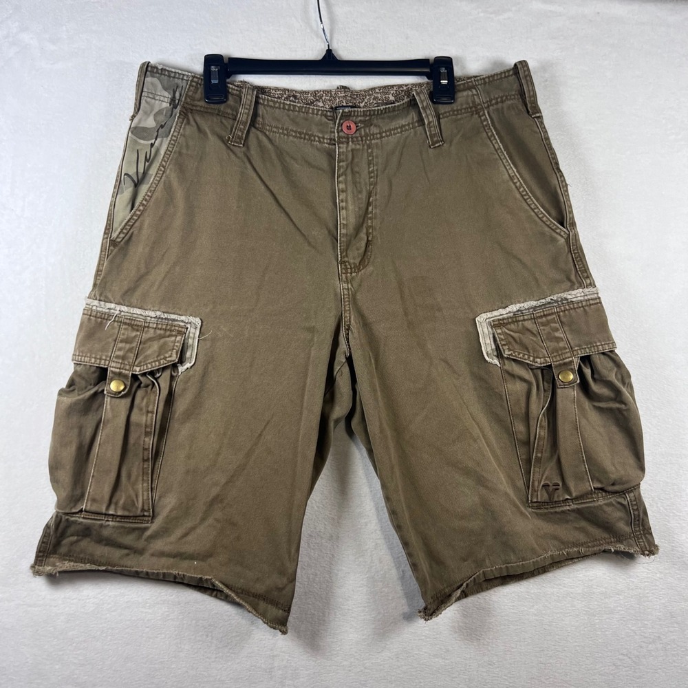 Y2K Vurt Mens Cargo Shorts Brown Cotton Twill Frayed Hem Camo Trim Size 36W